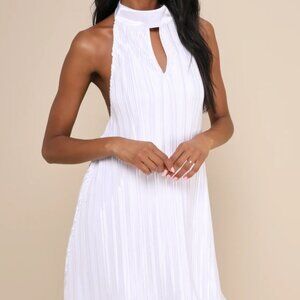 Lulu's Pretty Aura White Satin Plisse Mock Neck Mini Swing Dress - L